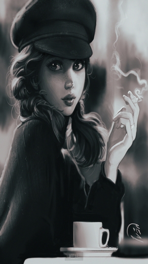 Woman smoking and drinking coffee, concept art