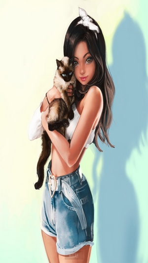 Girl Holding a Siamese Cat in Casual Outfit