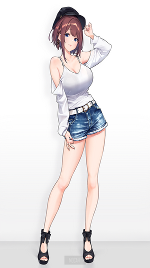 Anime girl in white top and denim shorts