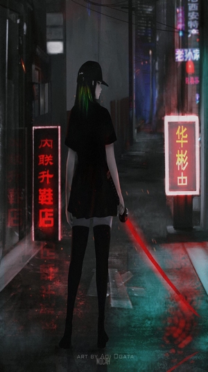 Anime girl with red lightsaber in neon alley