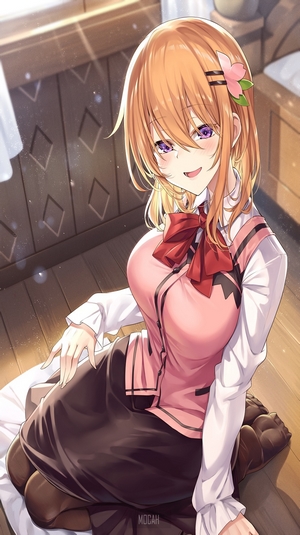 Anime girl with orange hair and purple eyes smiling