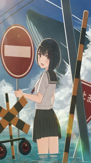 Anime girl in school uniform at a flooded railroad crossing with a whale in the background