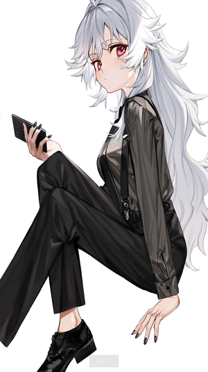 Anime girl with white hair holding a phone