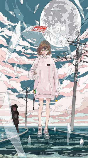 Anime girl with umbrella under the moon