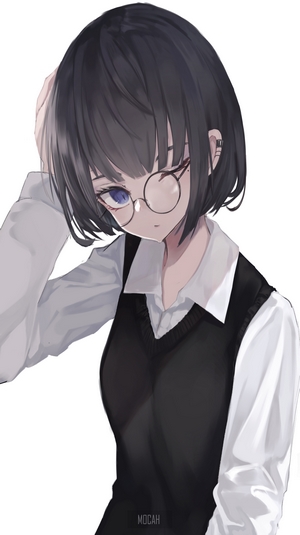 Thoughtful Anime Girl with Glasses and Black Vest