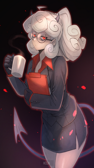 Pandemonica from Helltaker holding a mug and clipboard