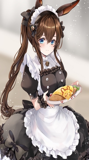 Anime girl in maid outfit holding omurice