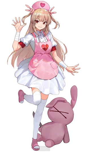 Anime girl in nurse outfit with pink bunny plush