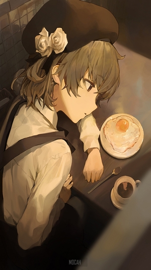 Anime girl with beret eating breakfast