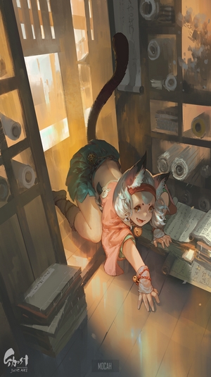 Anime girl with fox ears in a library
