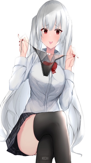 Anime girl with white hair holding underwear
