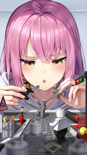 Anime girl playing with LEGO figures