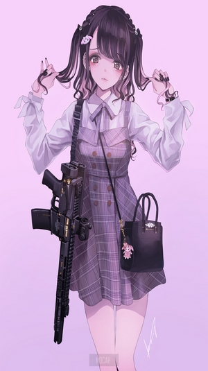 Minagi Kou with a rifle and handbag
