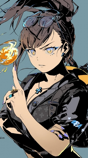 Anime girl with pumpkin charm and sunglasses