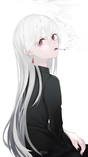 Anime girl with white hair smoking