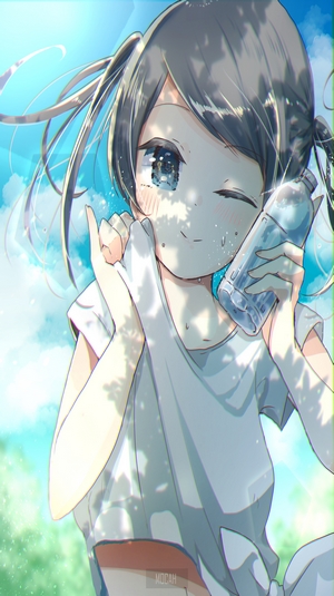 Anime girl with pigtails holding a water bottle
