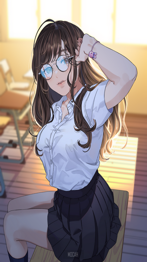 Anime Schoolgirl with Glasses in Classroom Light