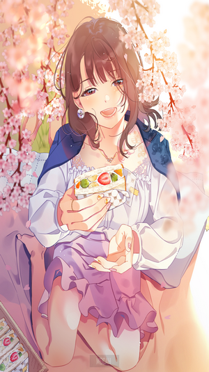 Anime girl eating a fruit sandwich during a picnic