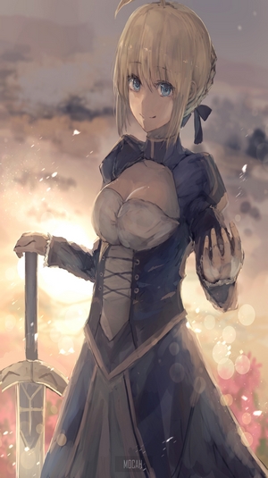 Saber Artoria Pendragon from Fate Series with Excalibur at sunset