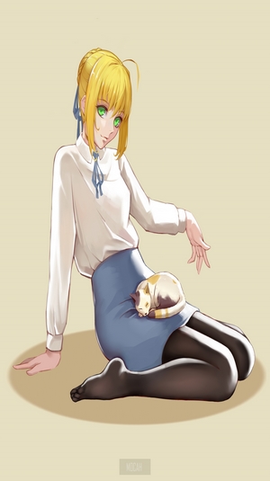 Saber from Fate/Stay Night with a cat