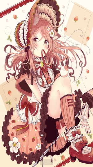Anime girl with cat ears and strawberry dress