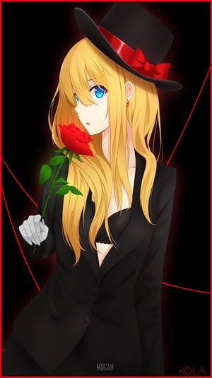 Anime girl with blonde hair, blue eyes, holding a red rose
