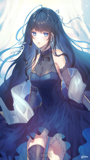 Anime girl in a dark blue dress with long black hair
