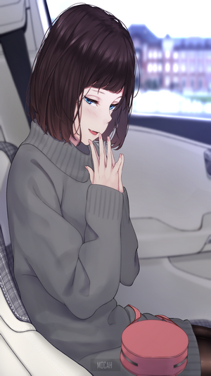 Anime girl with dark hair in a grey sweater