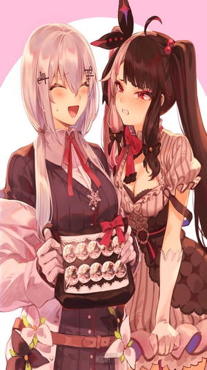 Two anime girls with a bag of pins