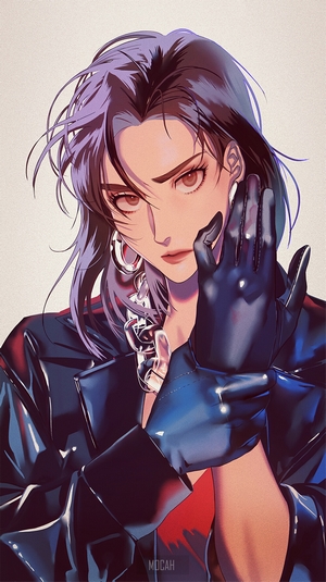 Anime girl with purple hair wearing black gloves and jacket