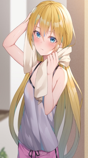 Anime girl with blonde hair drying her hair with a towel