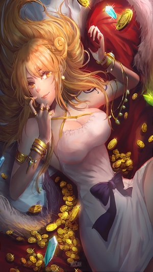 Anime girl lying on treasure with gold coins and jewels