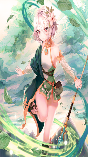 Anime girl with flowers in hair and staff