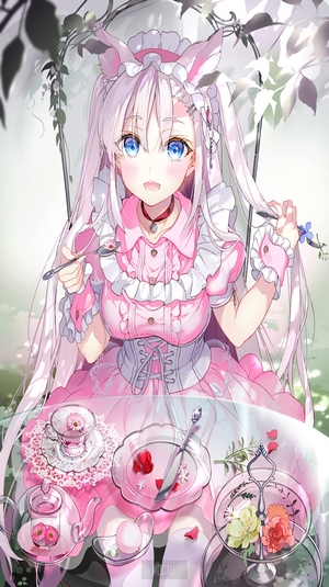 Anime girl with pink dress and bunny ears at a tea party