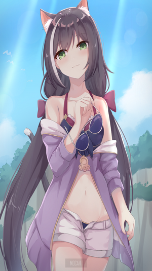 Anime cat girl in swimsuit at the beach
