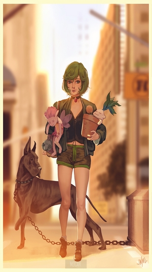 Girl with green hair and Great Dane in city