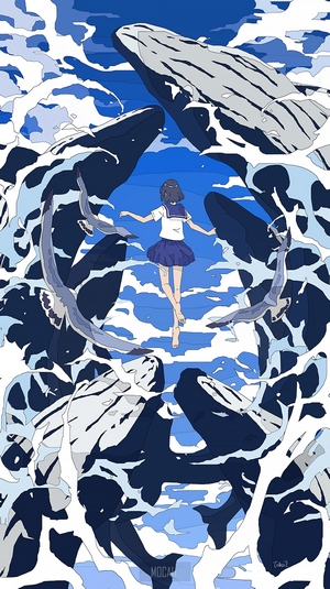 Anime girl floating among whales and seagulls