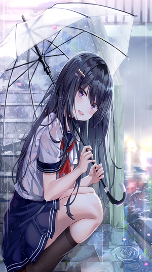 Anime Schoolgirl in Rain with Umbrella