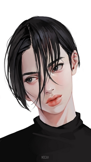 Anime character with black hair and black turtleneck