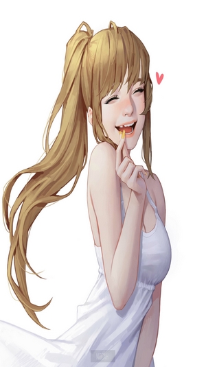 Anime girl with blonde ponytail eating a snack