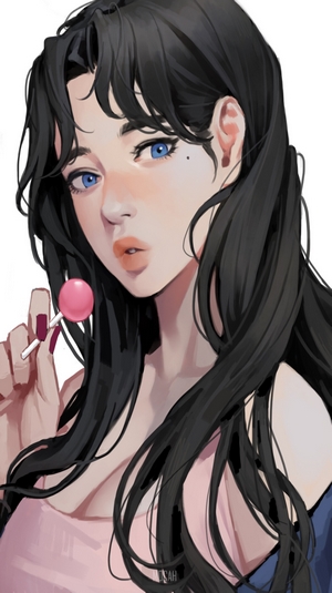 Anime girl with black hair and blue eyes holding a lollipop