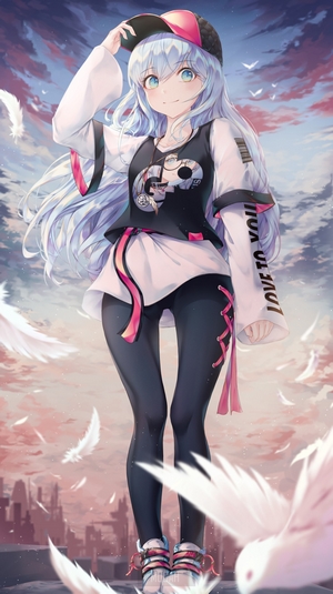 Anime girl with blue hair wearing a cap and hoodie