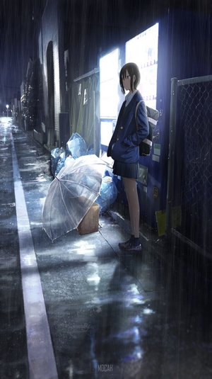 Anime girl in uniform by vending machine in rain