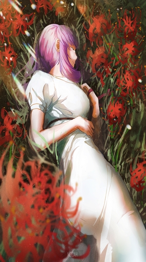 Matou Sakura from Fate Series lying in red spider lilies