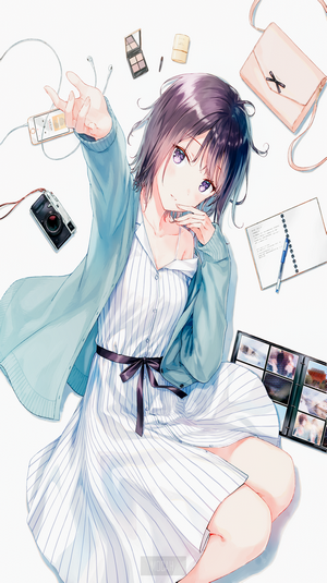 Anime girl taking a selfie with camera and phone