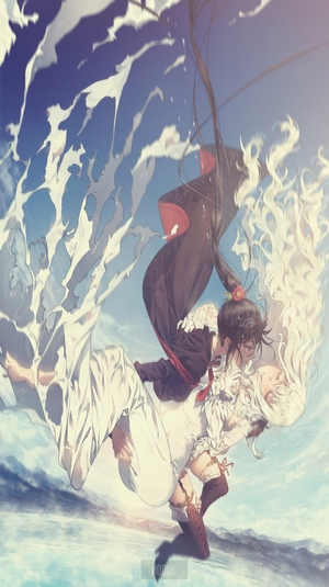 Anime couple falling through the sky