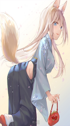 Anime girl with fox ears and tail in kimono