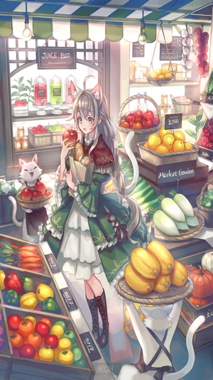 Anime girl with cat ears at a market stall