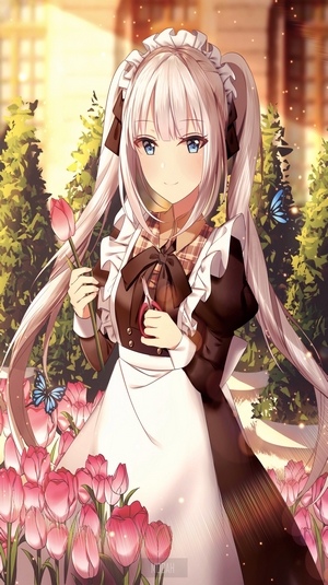 Anime girl with tulips and scissors