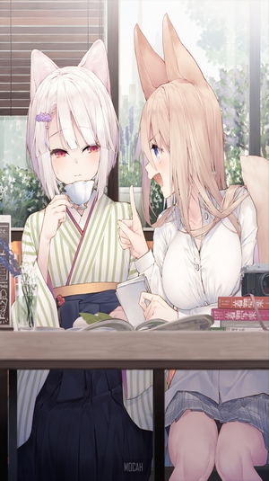 Anime girls with animal ears drinking tea and reading